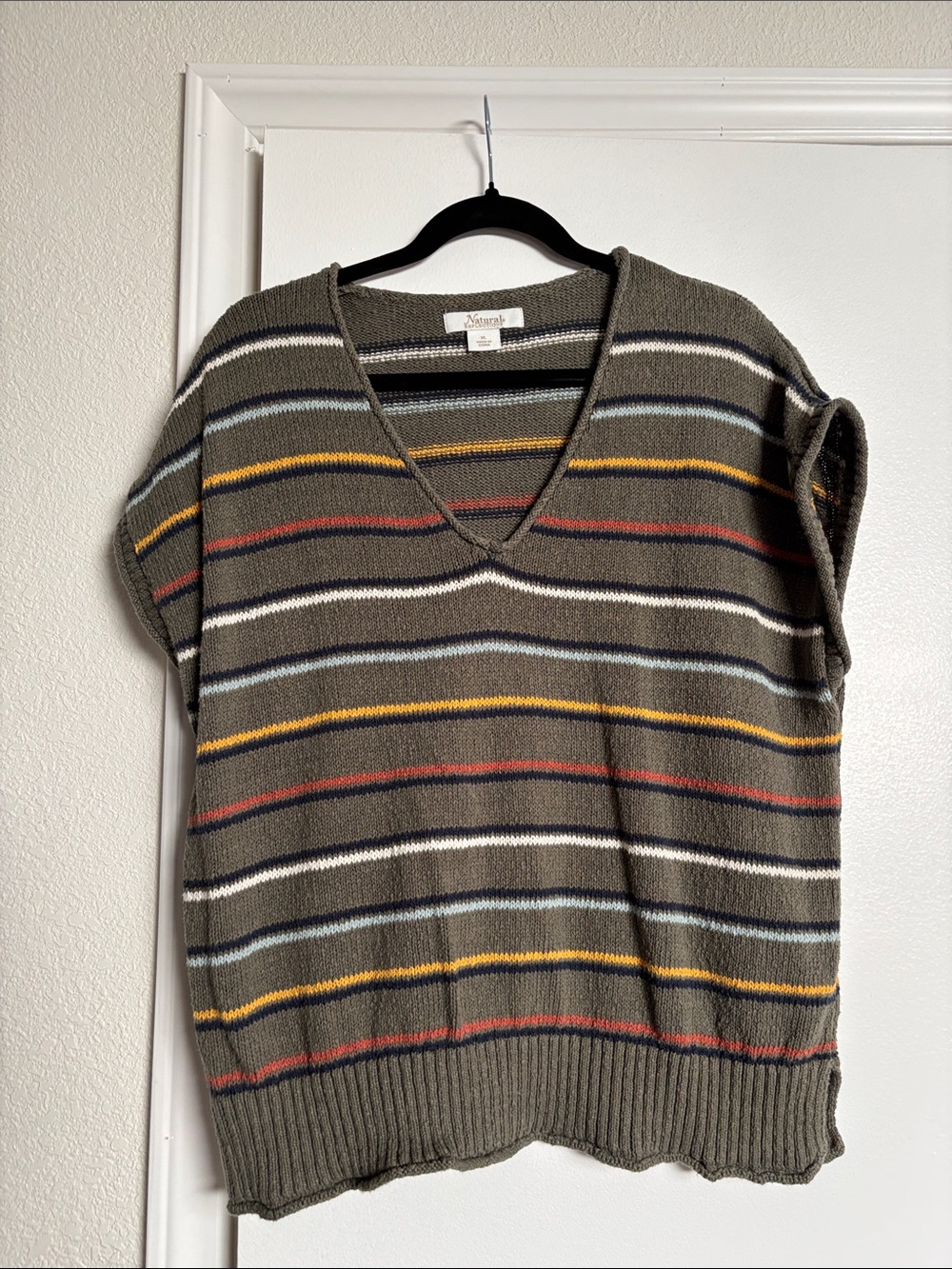 Natural Reflections Olive Short-Sleeve V-Neck Sweater with Stripes